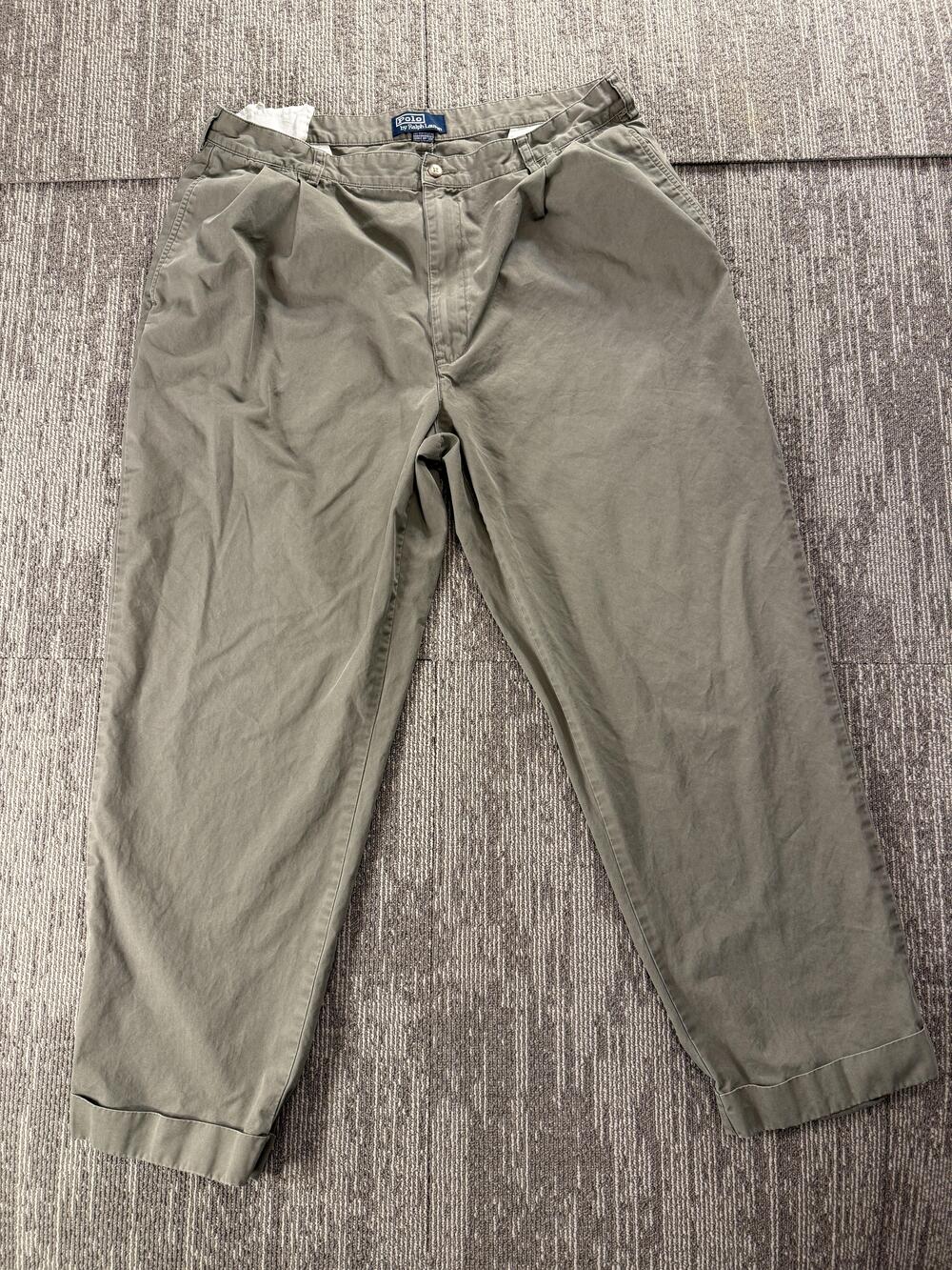 Polo Ralph Lauren Pants Mens 40x30 Green Pleated Chino Casual Cuffed Hem Front